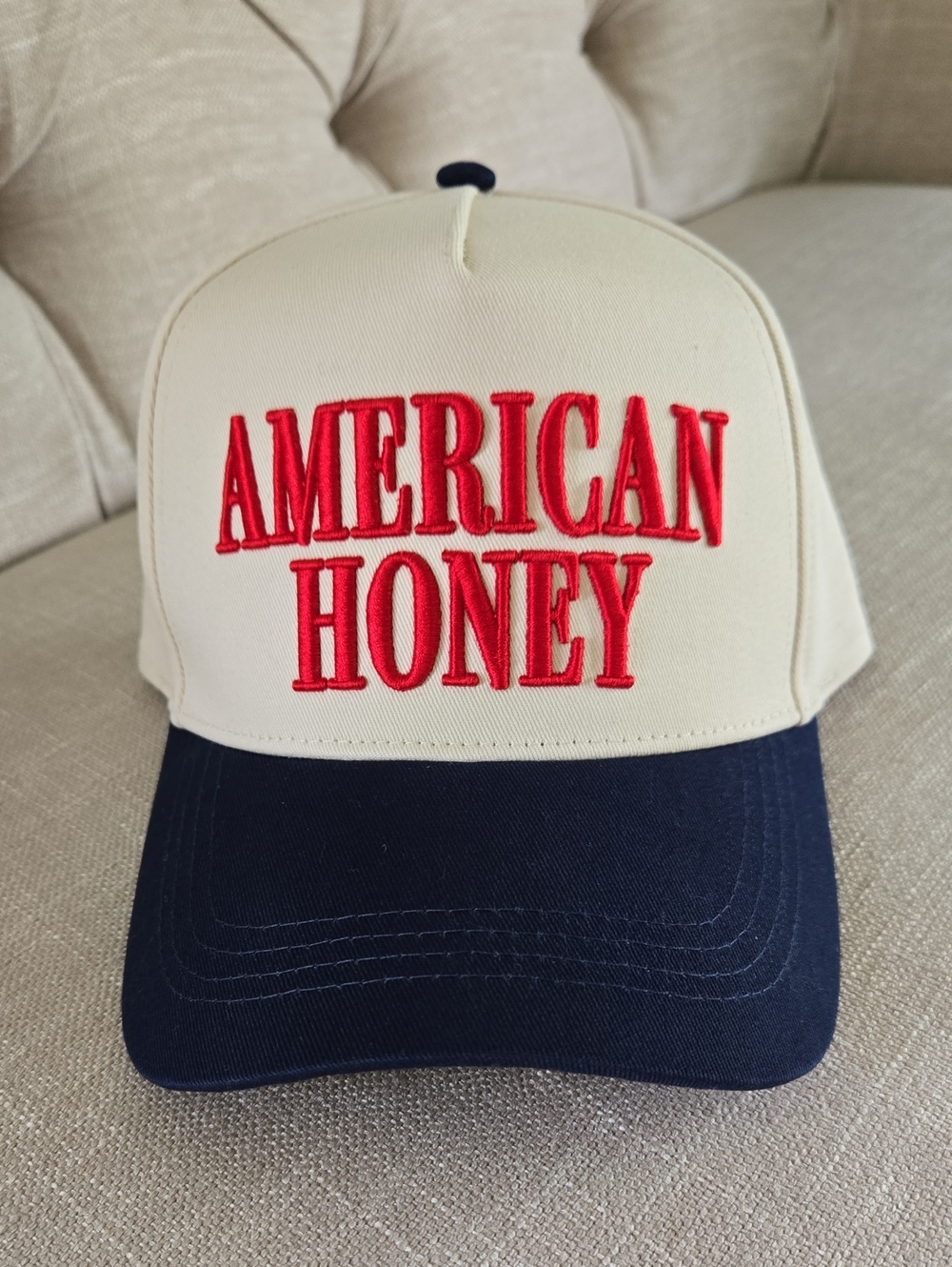 American Honey Embroidered Trucker Hat Red Blue Cream New With Tag
